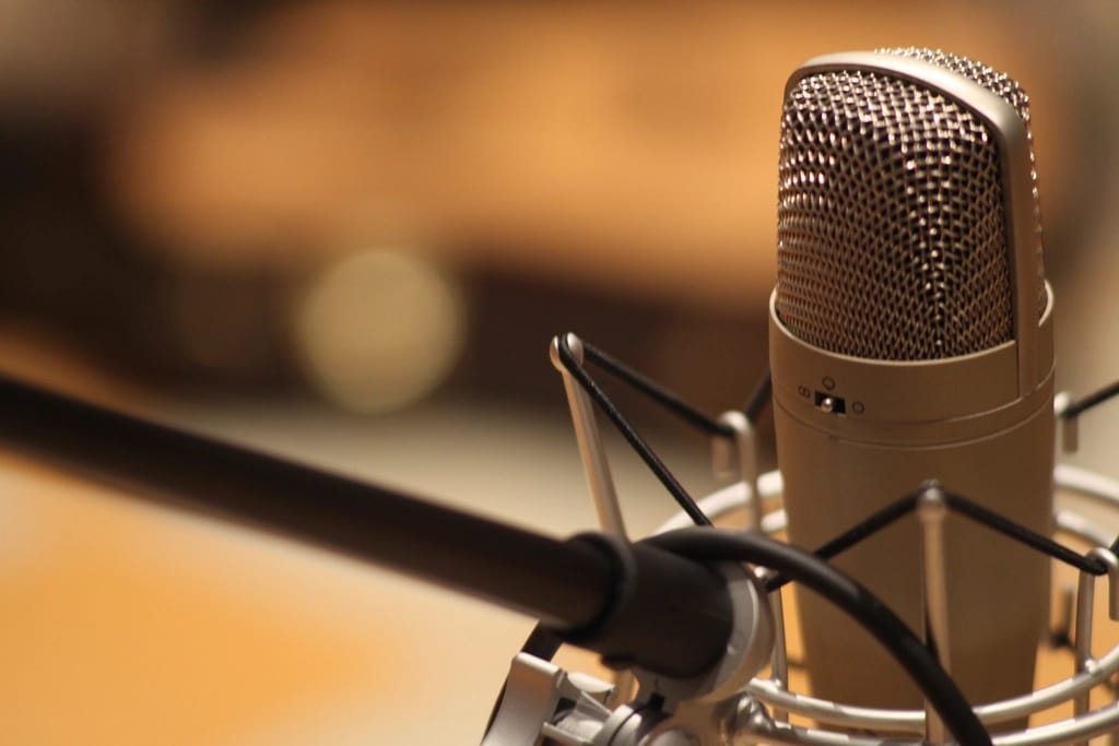 A studio microphone in its shock mount